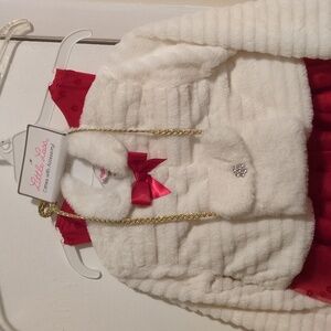 Little Lass Girl Red Floral Lined Dress with White Faux Fur Lined Coat/Purse  5